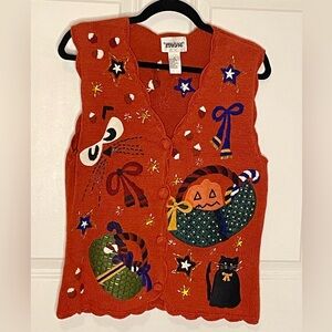 Vintage Halloween Pumpkin Cat Moon Novelty Sweater Vest Designer Originals M